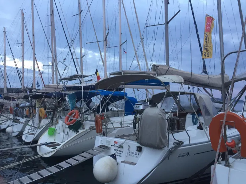 Exterior view of Nine Muses, a Hanse Yachts Hanse 342 sailboat at Sithonia Municipal Unit, Greece
