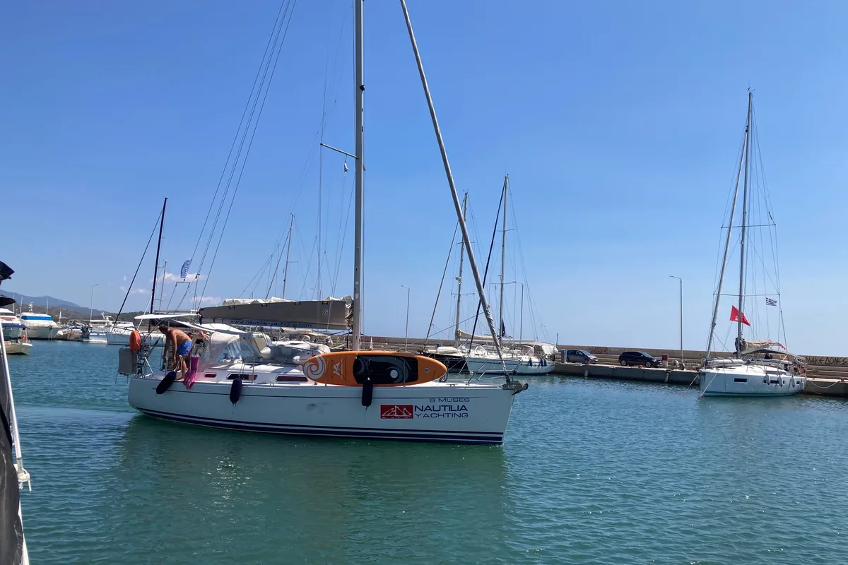 Exterior view of Nine Muses, a Hanse Yachts Hanse 342 sailboat at Sithonia Municipal Unit, Greece