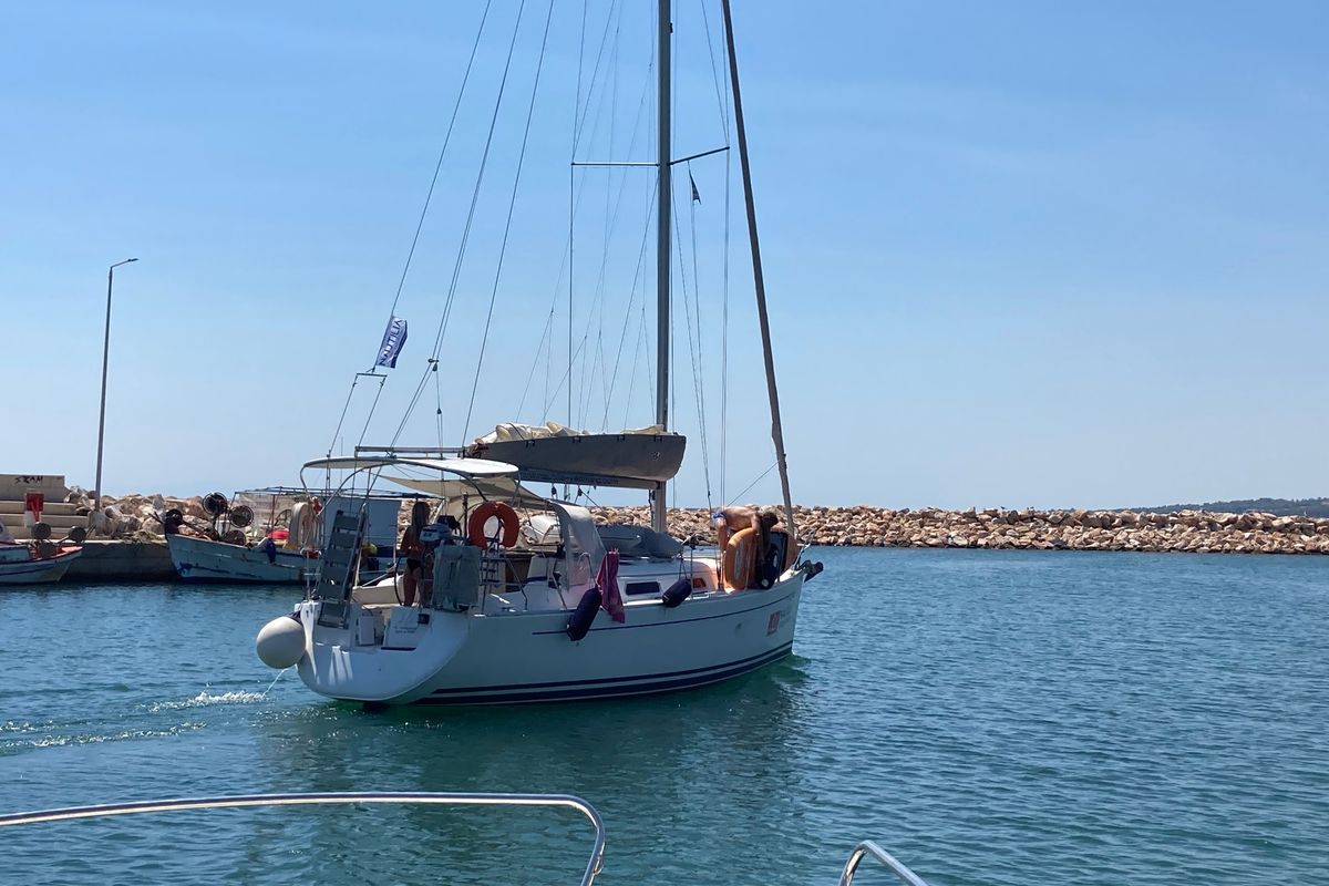 Exterior view of Nine Muses, a Hanse Yachts Hanse 342 sailboat at Sithonia Municipal Unit, Greece