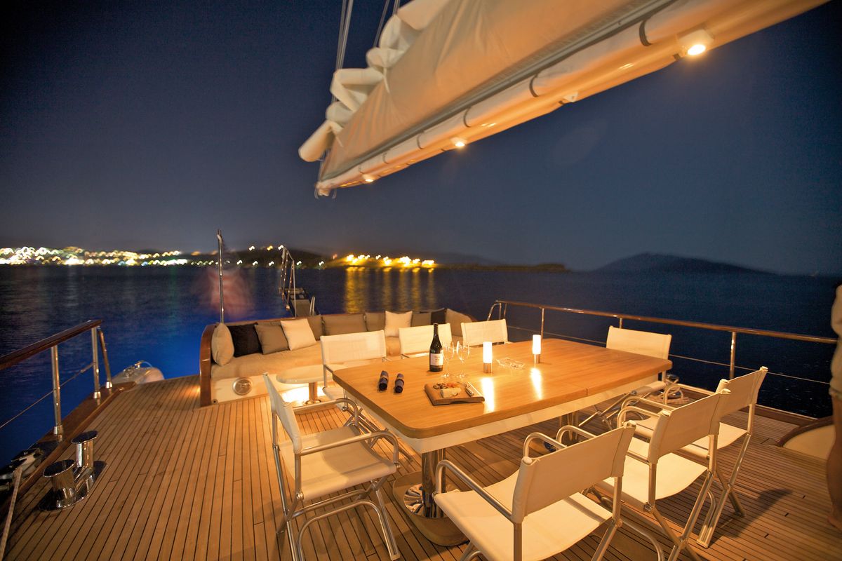 Deck of Miss B, a Gulet Gulet gulet at Bodrum, Turkey