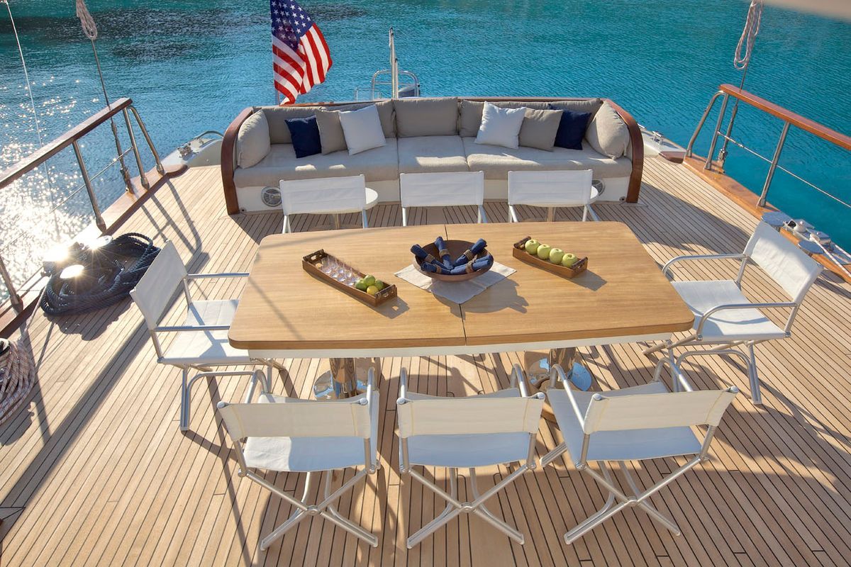 Deck of Miss B, a Gulet Gulet gulet at Bodrum, Turkey