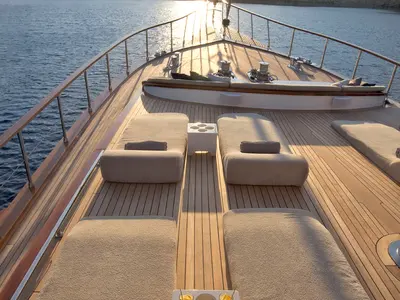 Deck of Miss B, a Gulet Gulet gulet at Bodrum, Turkey
