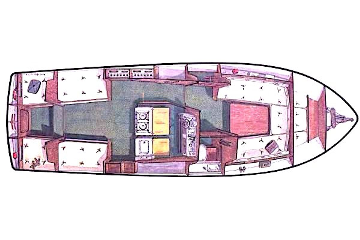 Floor plan of Safir, a Naviga Nordica T 40 motorboat at Motala, Sweden