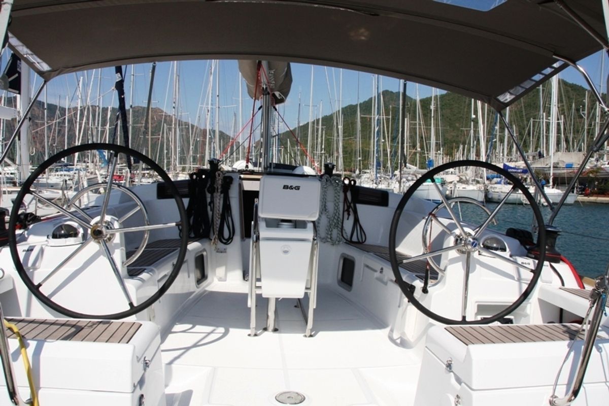 Cockpit of Code, a Jeanneau Sun Odyssey 439 sailboat at Marmaris, Turkey