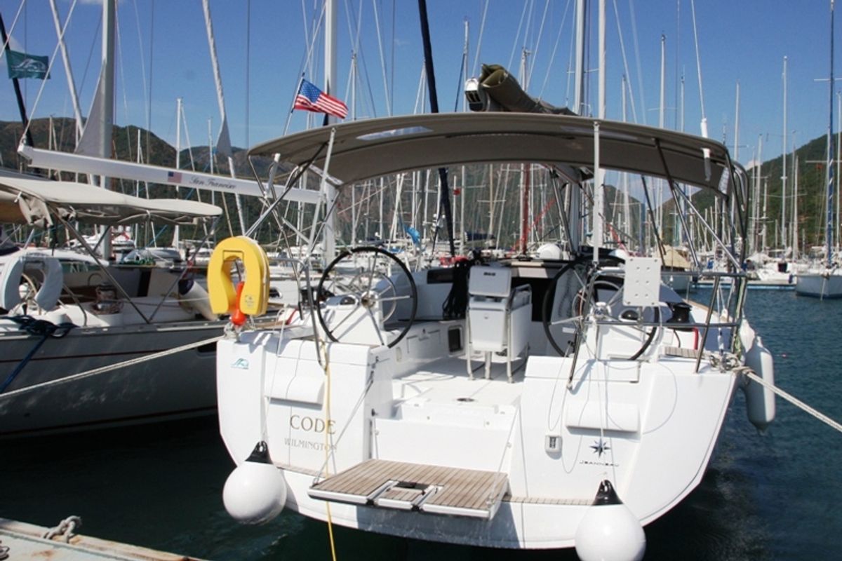 Exterior view of Code, a Jeanneau Sun Odyssey 439 sailboat at Marmaris, Turkey
