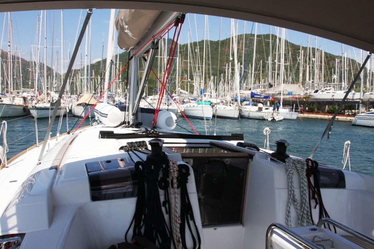 Deck of Code, a Jeanneau Sun Odyssey 439 sailboat at Marmaris, Turkey