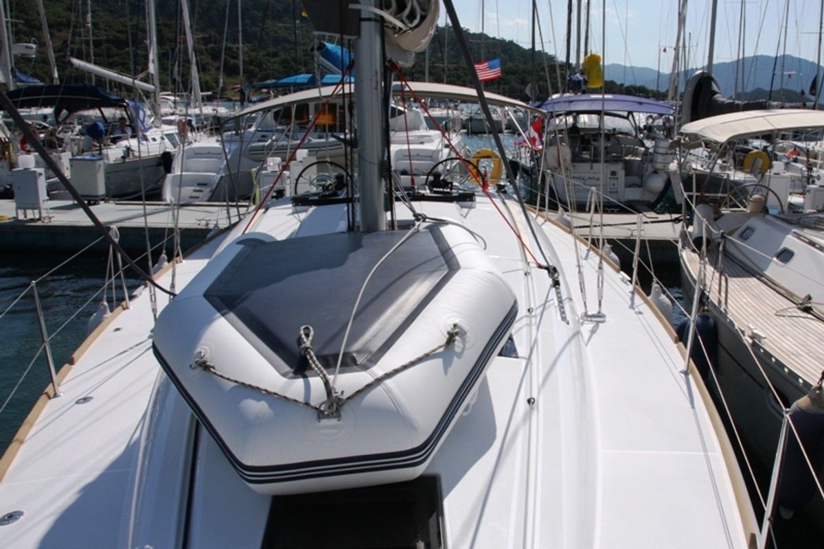 Deck of Code, a Jeanneau Sun Odyssey 439 sailboat at Marmaris, Turkey