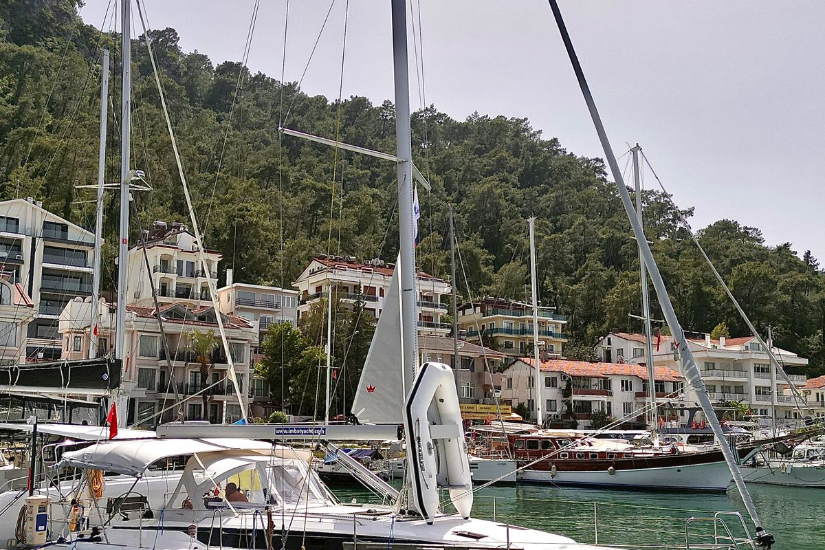 Exterior view of Alara-3, a Bavaria C42 sailboat at Fethiye, Turkey