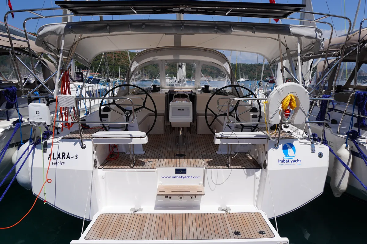 Cockpit of Alara-3, a Bavaria C42 sailboat at Fethiye, Turkey