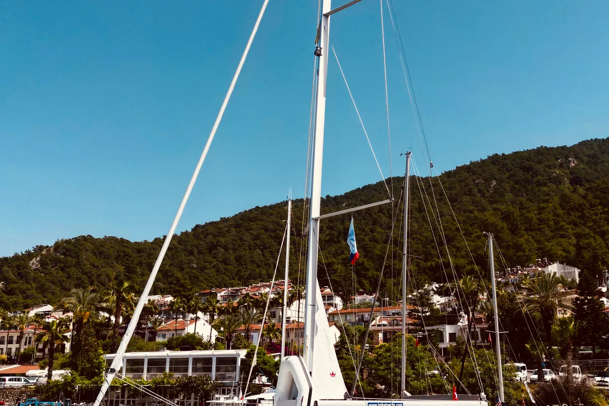 Exterior view of Alara-3, a Bavaria C42 sailboat at Fethiye, Turkey