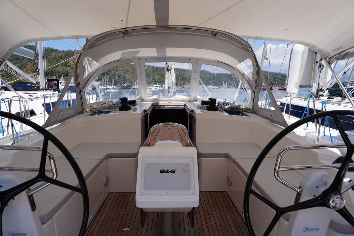 Cockpit of Alara-3, a Bavaria C42 sailboat at Fethiye, Turkey