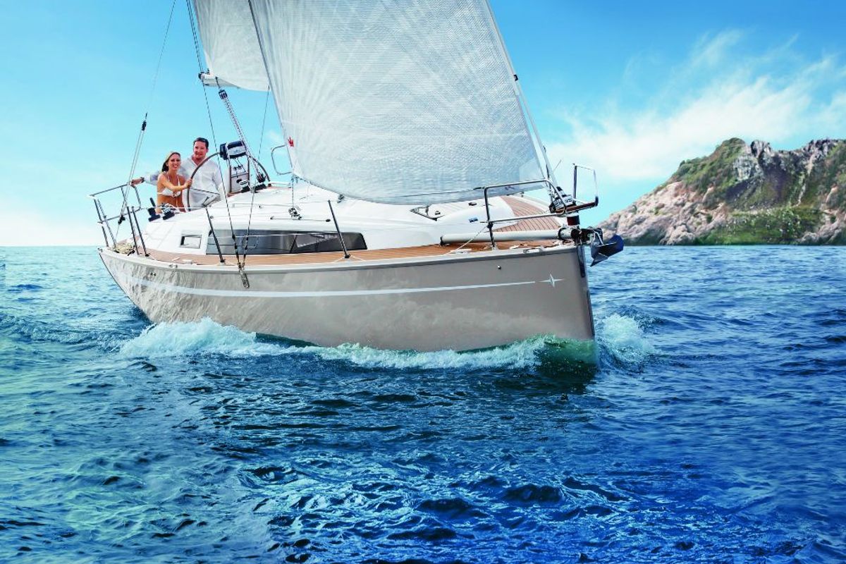 Exterior view of Siesta IV, a Bavaria Cruiser 34 sailboat at Punat, Croatia