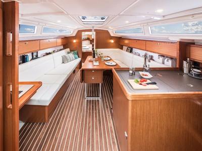 Salon of Siesta IV, a Bavaria Cruiser 34 sailboat at Punat, Croatia