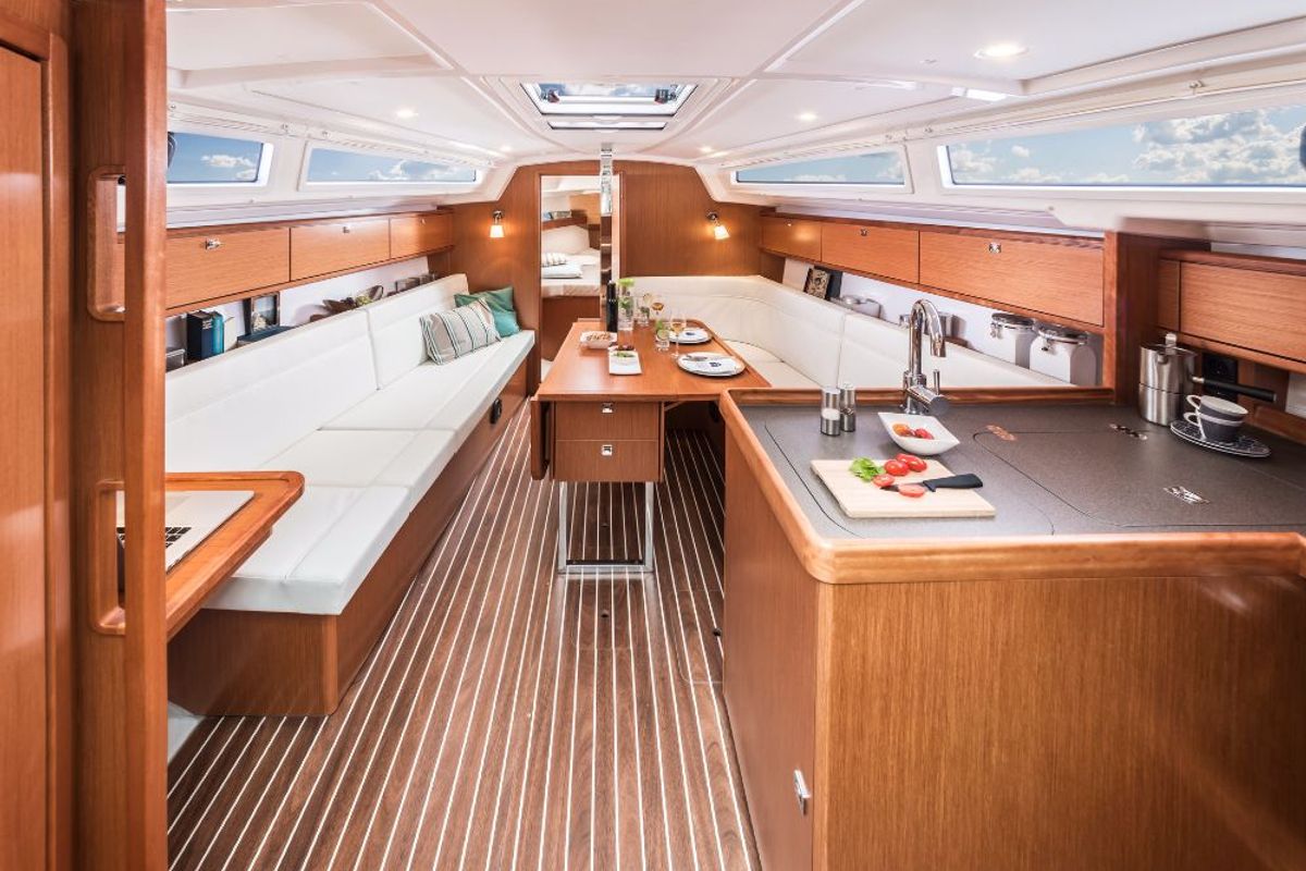 Salon of Siesta IV, a Bavaria Cruiser 34 sailboat at Punat, Croatia