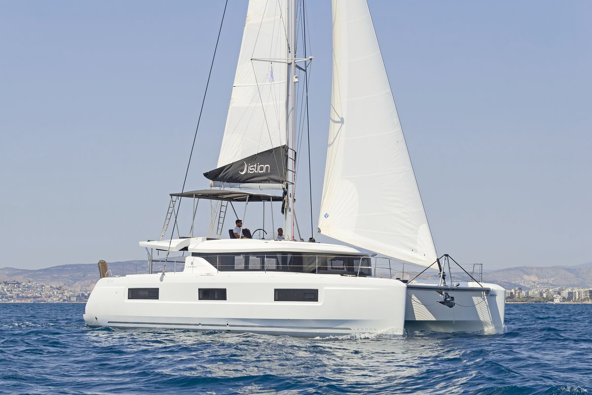 Exterior view of Emmelia, a Lagoon 46 catamaran at Athens, Greece
