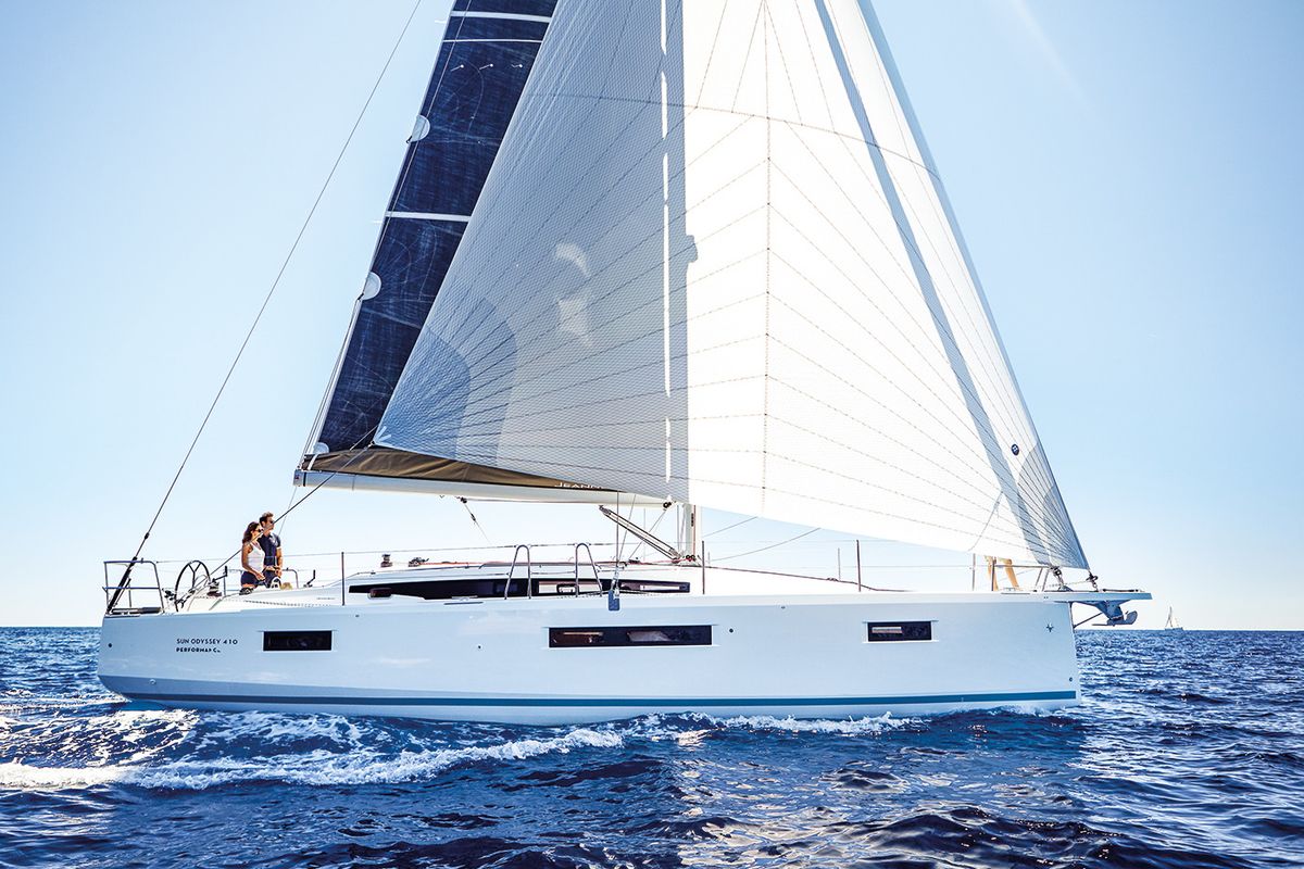 Exterior view of Night Flower, a Jeanneau Sun Odyssey 410 sailboat at Preveza, Greece