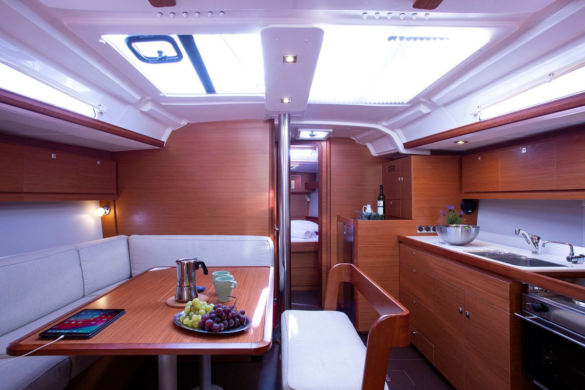 Salon of Lana V, a Dufour 430 GL sailboat at Split, Croatia