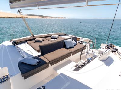 Cockpit of Zahra, a Lagoon 46 catamaran at Olbia, Italy