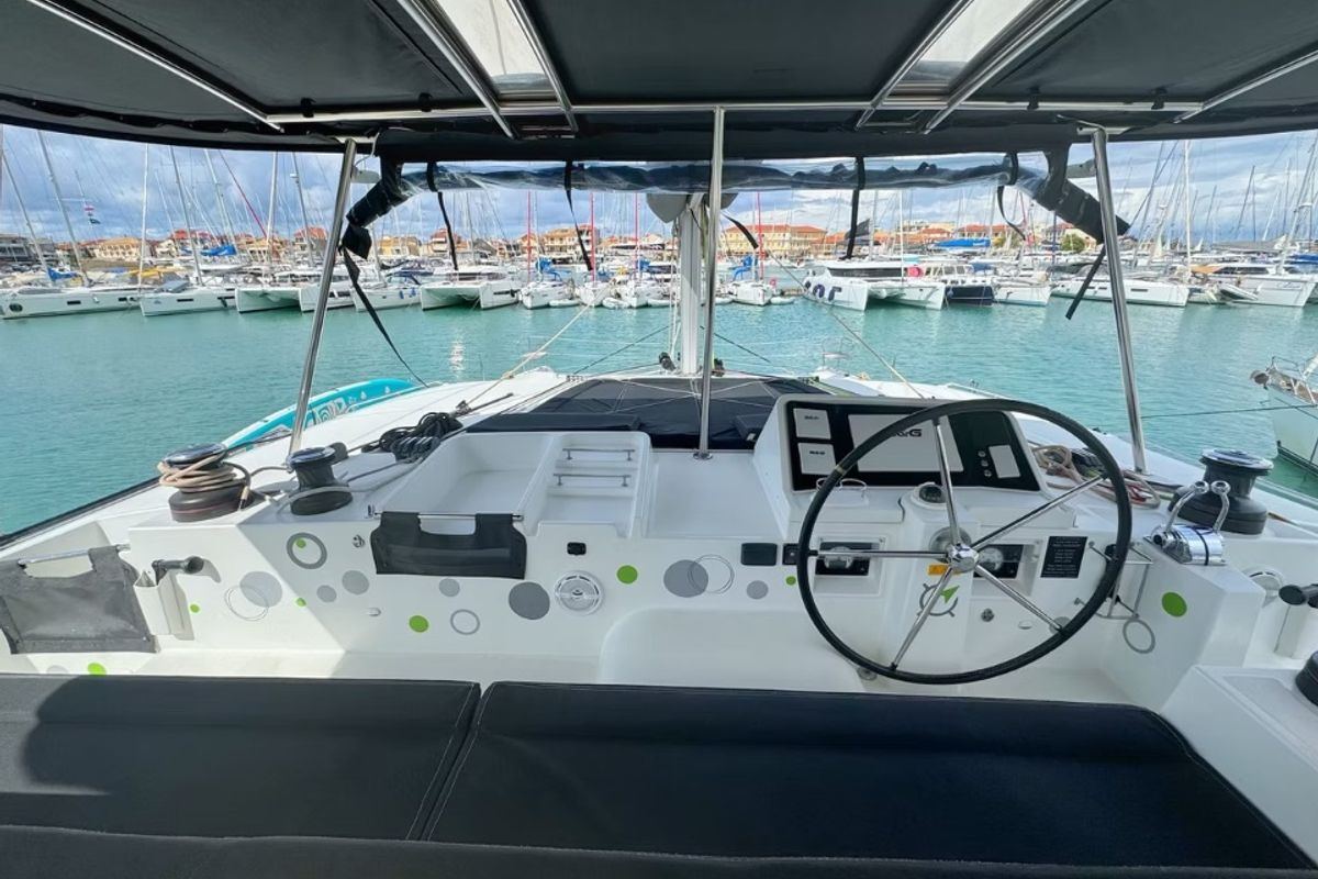 Cockpit of PaSEAon, a Lagoon 450 Fly catamaran at Municipal Unit of Lefkada, Greece