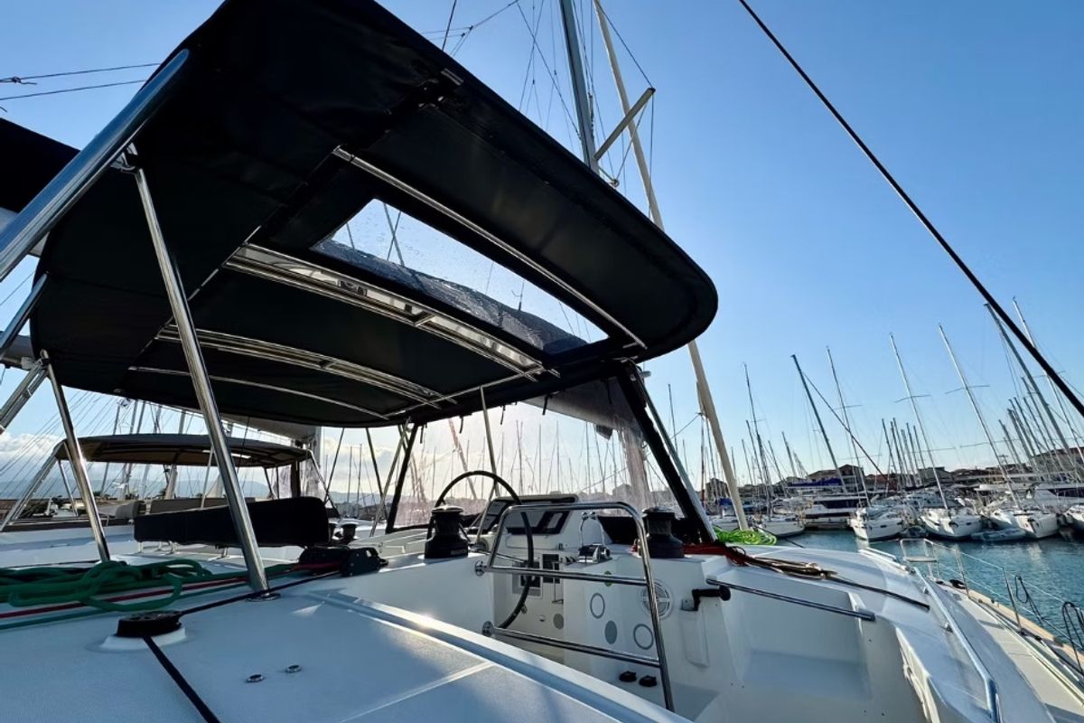Exterior view of PaSEAon, a Lagoon 450 Fly catamaran at Municipal Unit of Lefkada, Greece