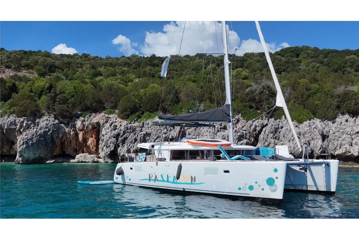 Exterior view of PaSEAon, a Lagoon 450 Fly catamaran at Municipal Unit of Lefkada, Greece