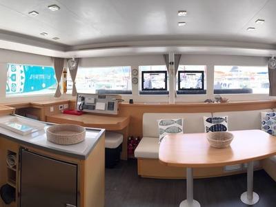 Salon of PaSEAon, a Lagoon 450 Fly catamaran at Municipal Unit of Lefkada, Greece