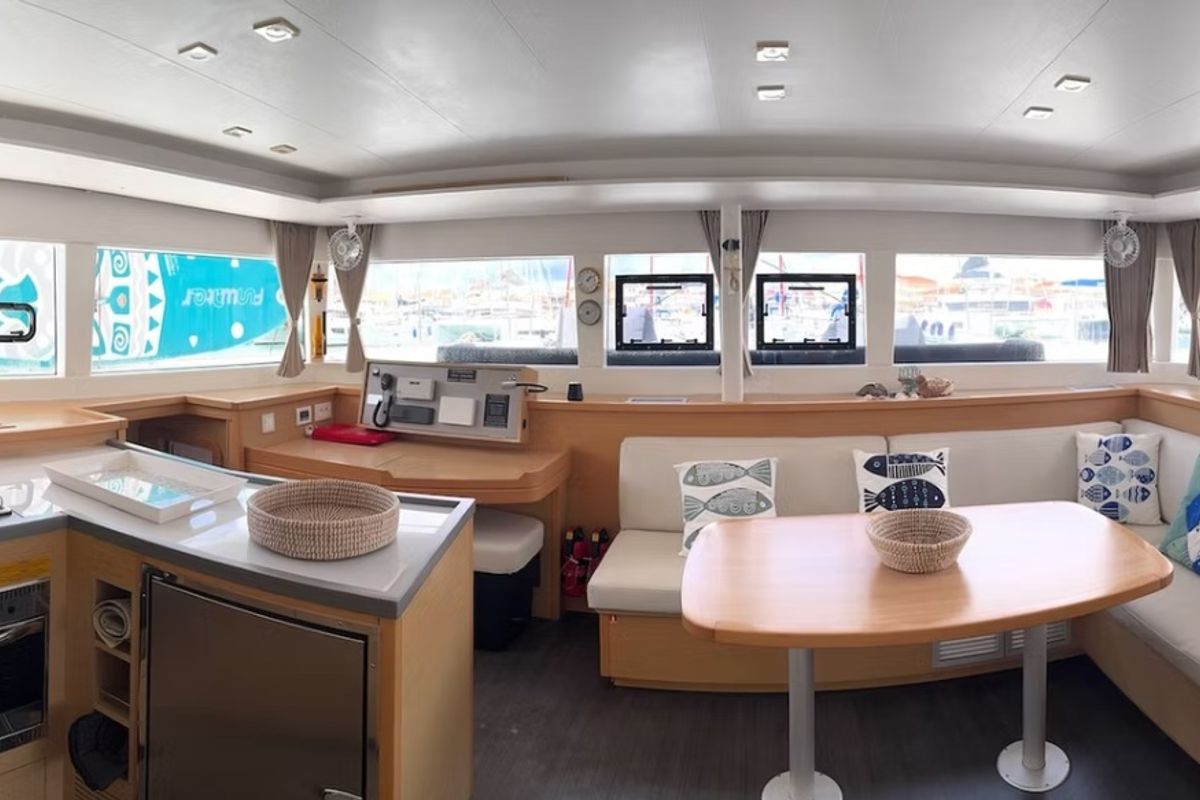 Salon of PaSEAon, a Lagoon 450 Fly catamaran at Municipal Unit of Lefkada, Greece
