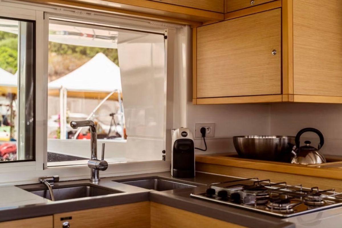 Galley of PaSEAon, a Lagoon 450 Fly catamaran at Municipal Unit of Lefkada, Greece