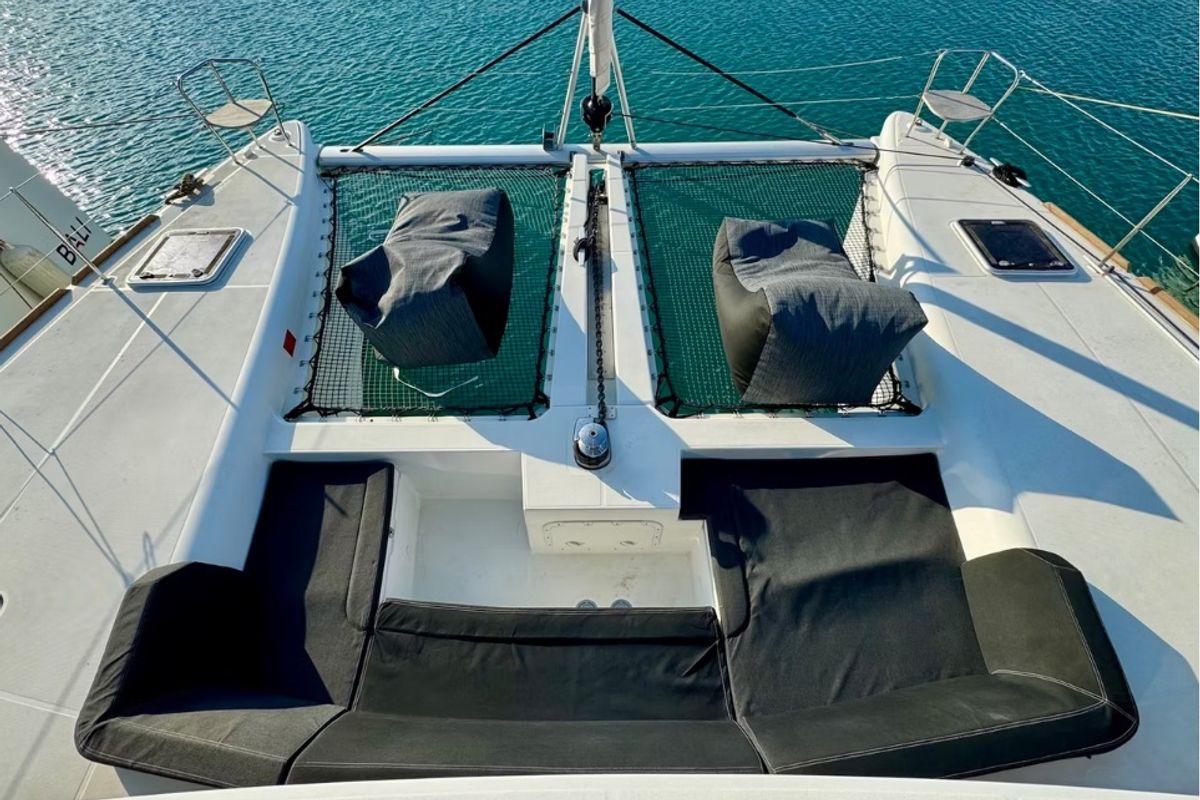 Deck of PaSEAon, a Lagoon 450 Fly catamaran at Municipal Unit of Lefkada, Greece