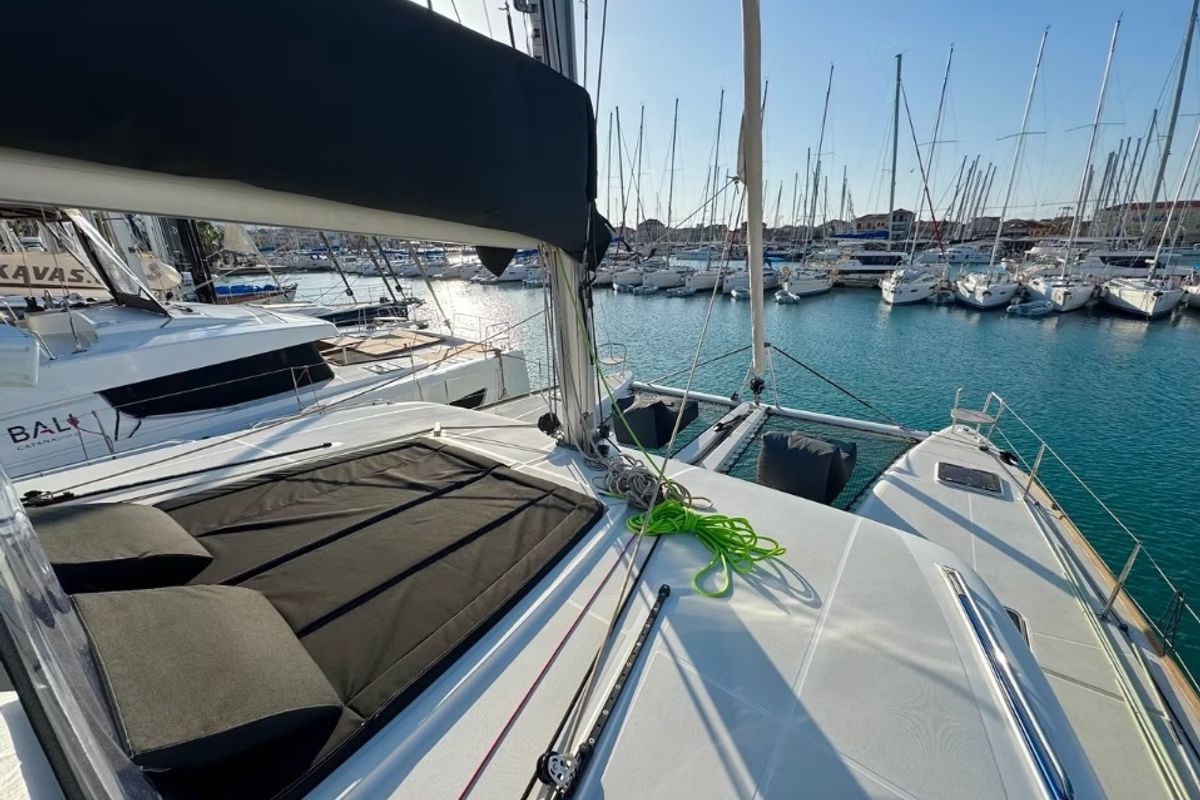 Deck of PaSEAon, a Lagoon 450 Fly catamaran at Municipal Unit of Lefkada, Greece