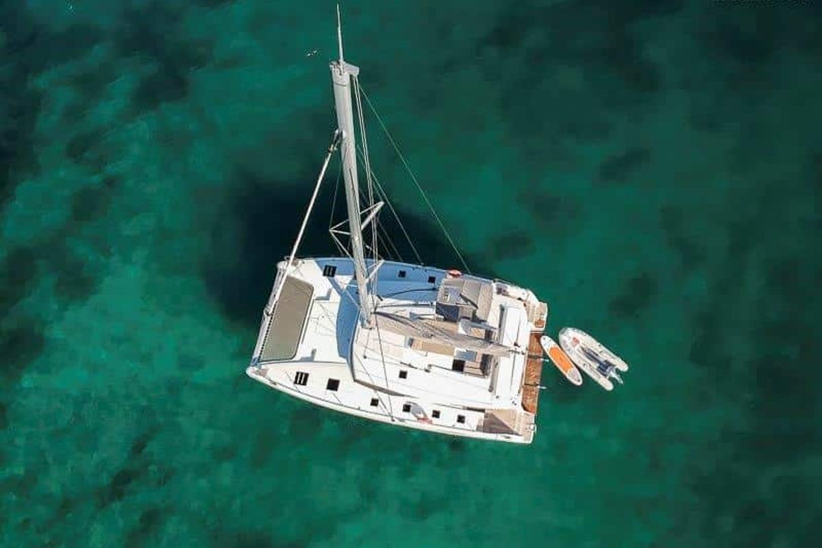 Exterior view of Aurora 381, a Fountaine Pajot Saona 47 catamaran at es Jonquet, Spain