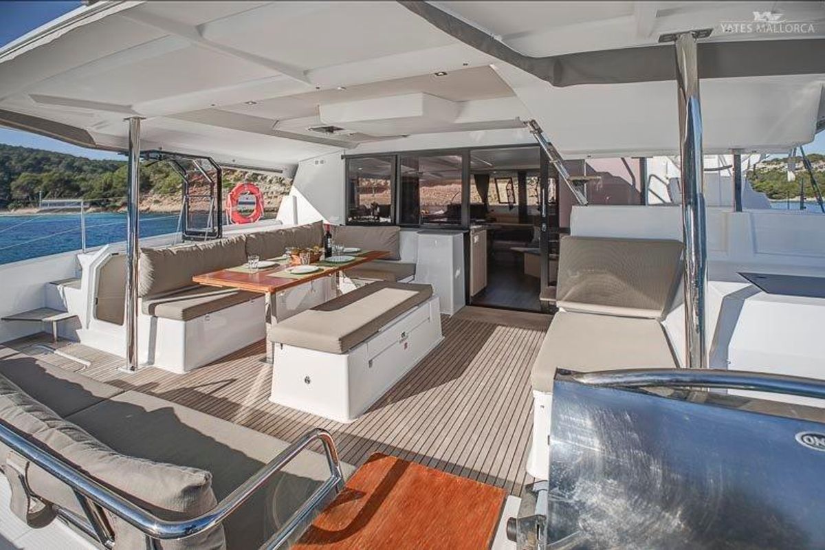 Deck of Aurora 381, a Fountaine Pajot Saona 47 catamaran at es Jonquet, Spain
