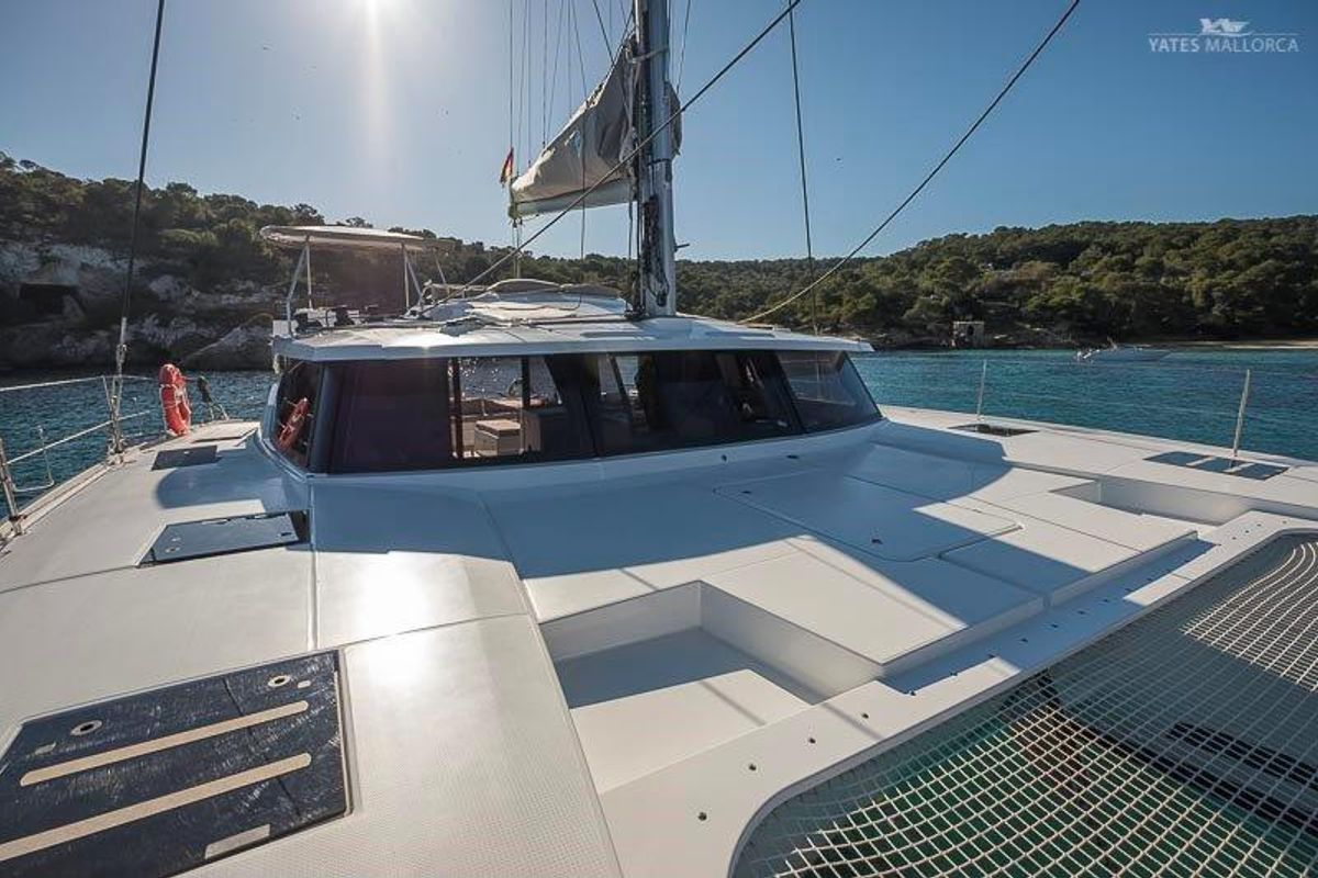 Deck of Aurora 381, a Fountaine Pajot Saona 47 catamaran at es Jonquet, Spain