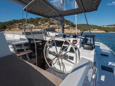 Cockpit of Aurora 381, a Fountaine Pajot Saona 47 catamaran at es Jonquet, Spain