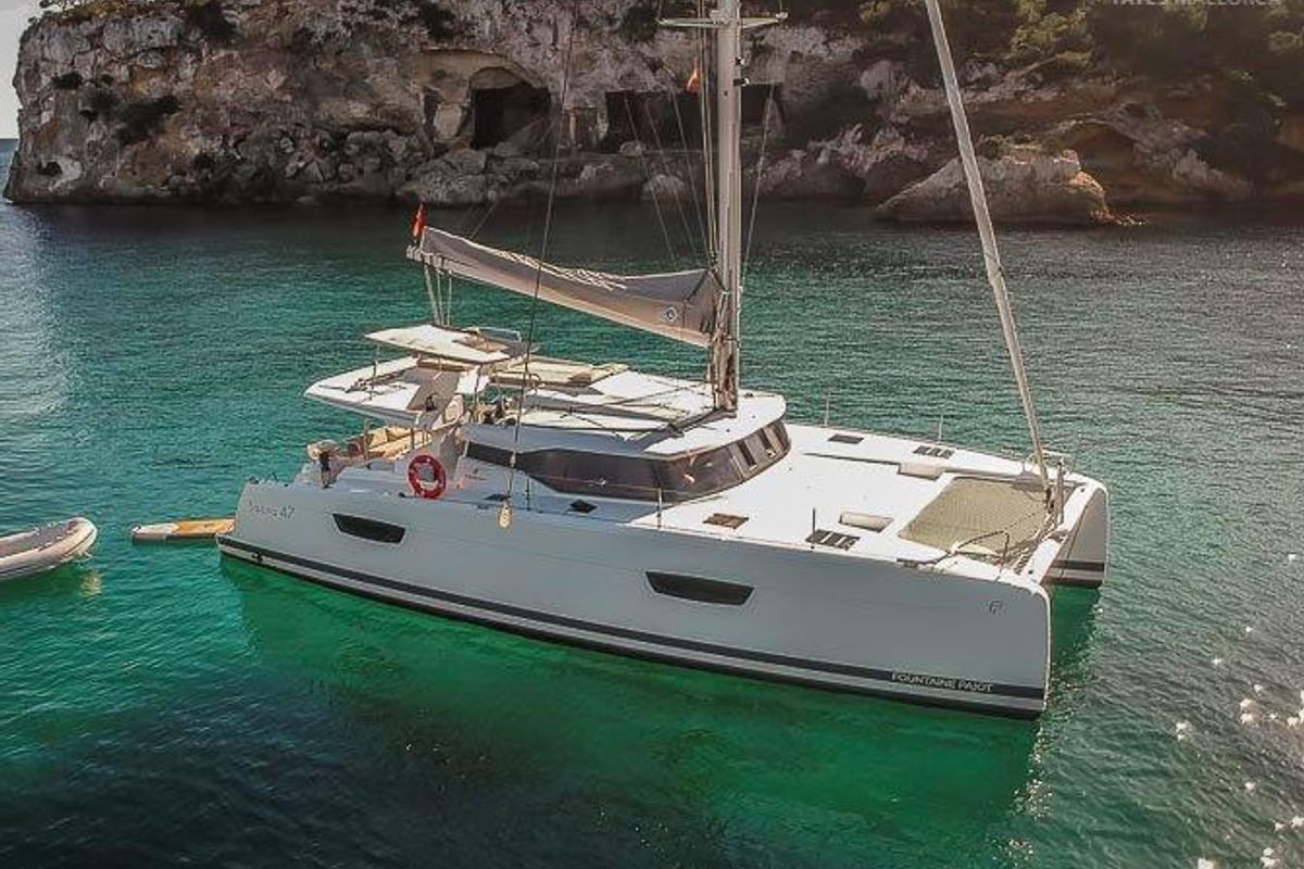 Exterior view of Aurora 381, a Fountaine Pajot Saona 47 catamaran at es Jonquet, Spain