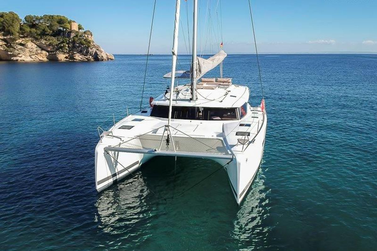 Exterior view of Aurora 381, a Fountaine Pajot Saona 47 catamaran at es Jonquet, Spain