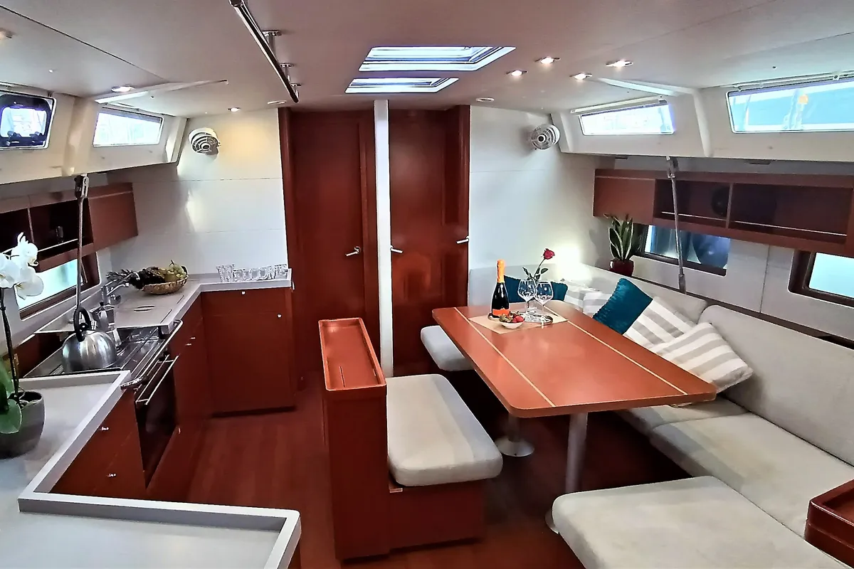 Salon of Blue Satellite, a Beneteau Oceanis 46.1 sailboat at Athens, Greece