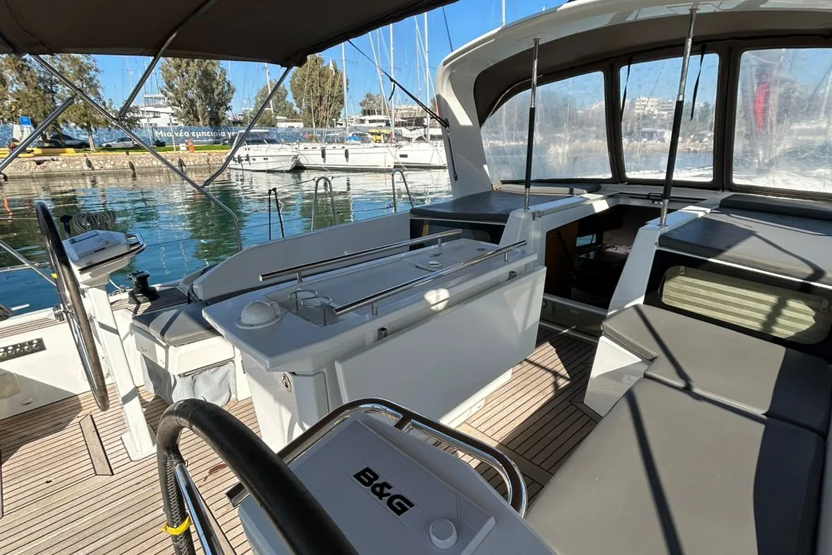 Cockpit of Blue Satellite, a Beneteau Oceanis 46.1 sailboat at Athens, Greece