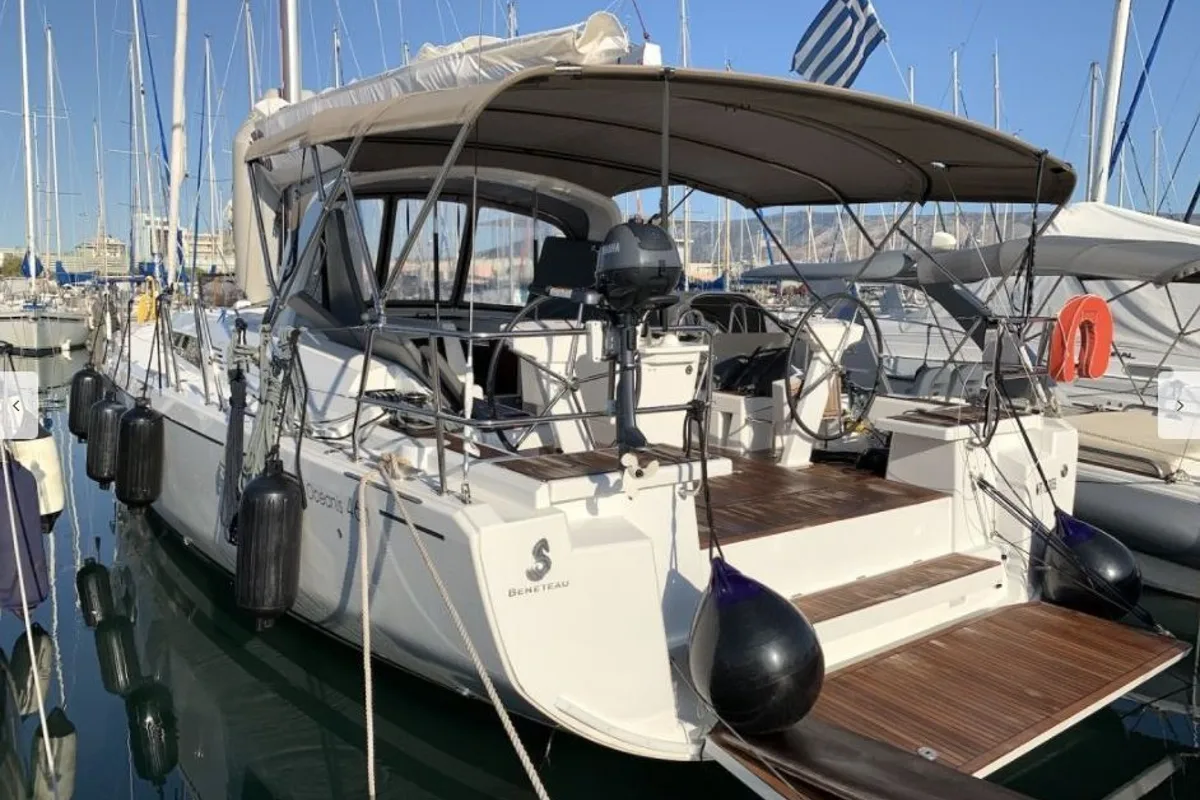 Exterior view of Blue Satellite, a Beneteau Oceanis 46.1 sailboat at Athens, Greece