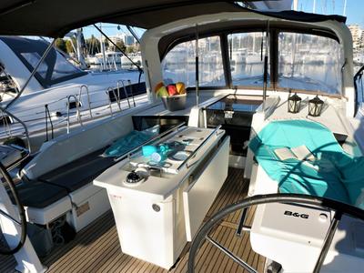 Cockpit of Blue Satellite, a Beneteau Oceanis 46.1 sailboat at Athens, Greece