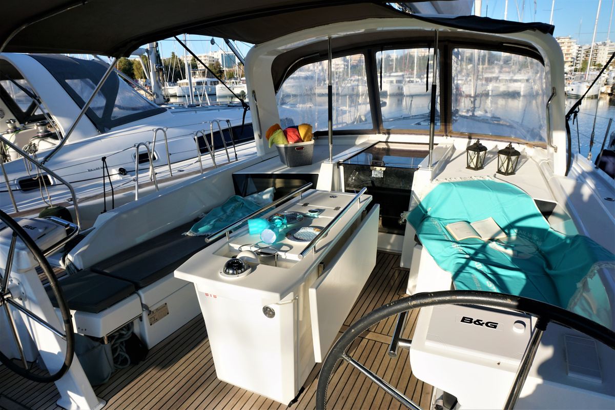 Cockpit of Blue Satellite, a Beneteau Oceanis 46.1 sailboat at Athens, Greece
