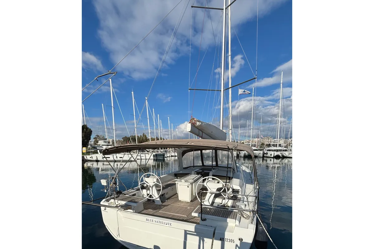 Exterior view of Blue Satellite, a Beneteau Oceanis 46.1 sailboat at Athens, Greece