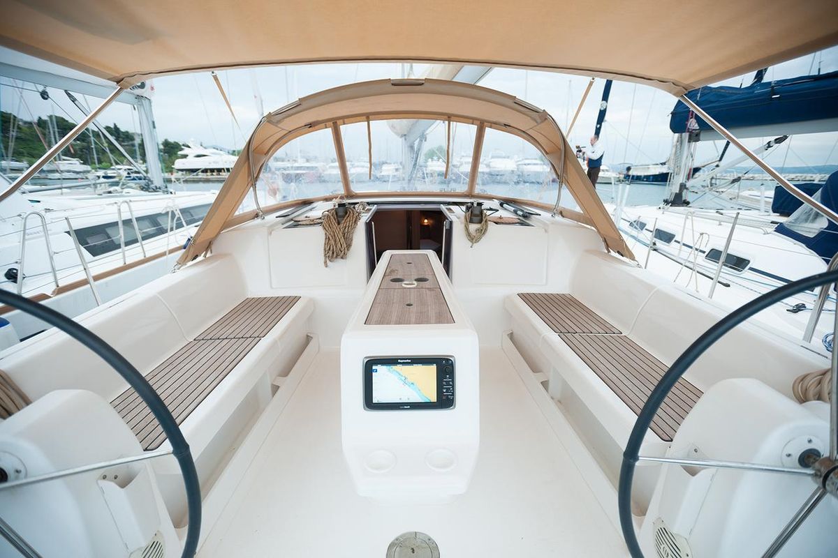 Cockpit of Anemos, a Dufour 410 GL sailboat at Sithonia Municipal Unit, Greece