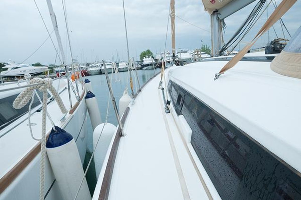 Deck of Anemos, a Dufour 410 GL sailboat at Sithonia Municipal Unit, Greece