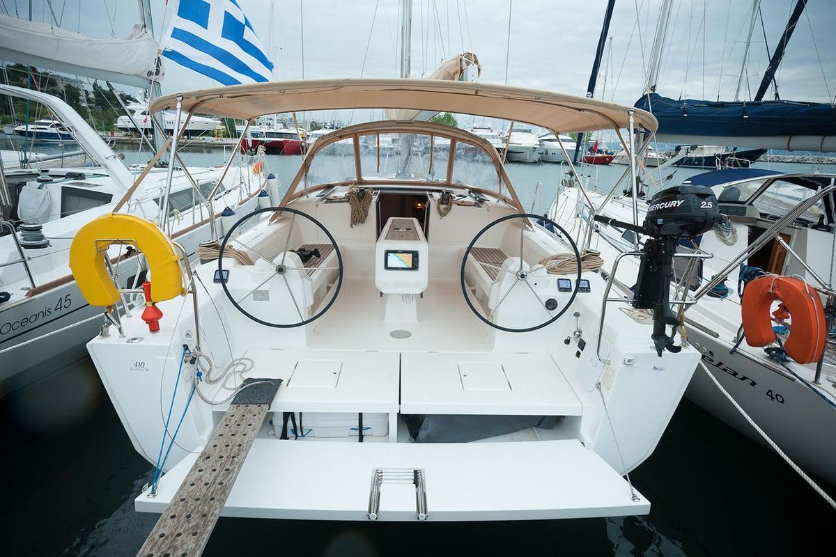 Exterior view of Anemos, a Dufour 410 GL sailboat at Sithonia Municipal Unit, Greece