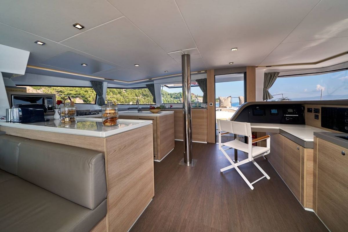 Cockpit of Atlantic, a Bali 4.6 catamaran at Figari/Golfo Aranci, Italy