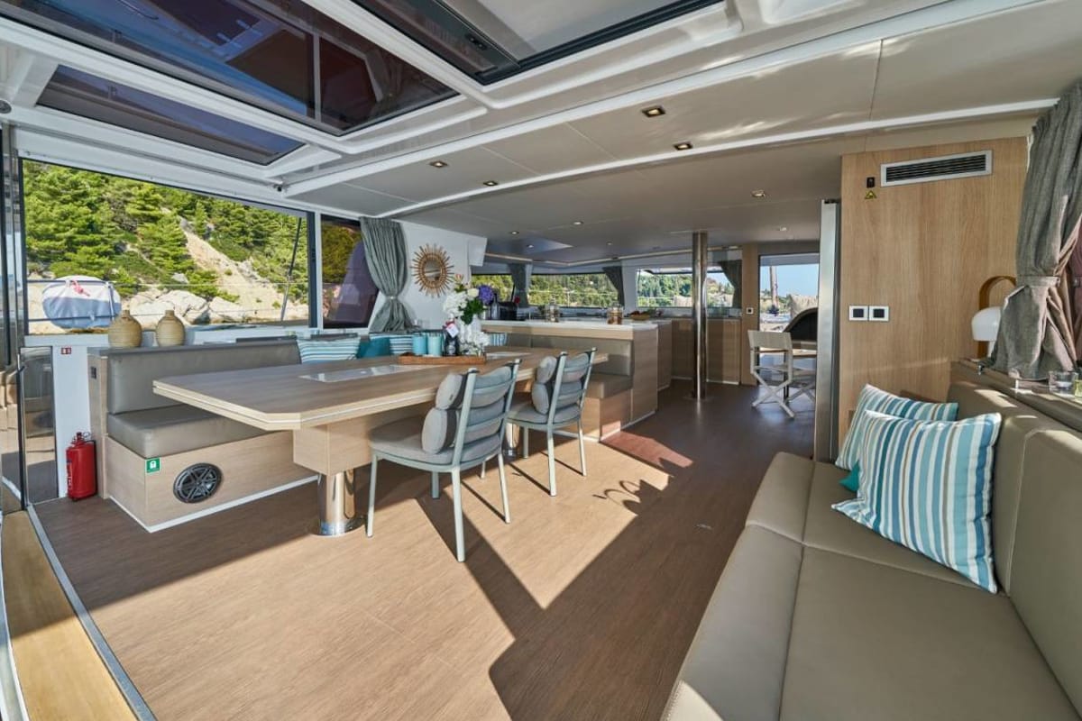 Salon of Atlantic, a Bali 4.6 catamaran at Figari/Golfo Aranci, Italy
