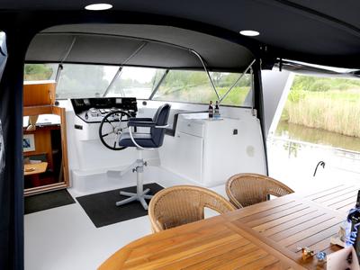 Cockpit of Royal, a Pacific Allure 155 motorboat at Heukelum, Netherlands