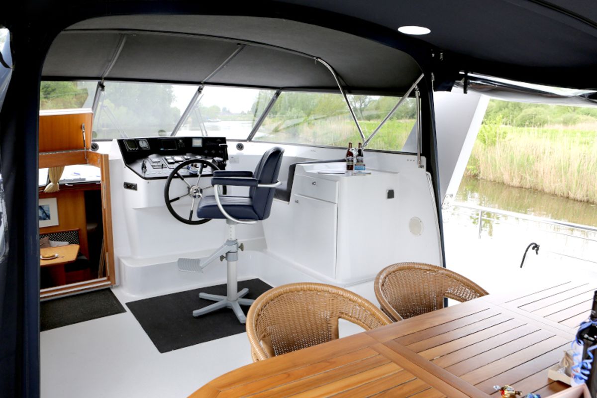 Cockpit of Royal, a Pacific Allure 155 motorboat at Heukelum, Netherlands