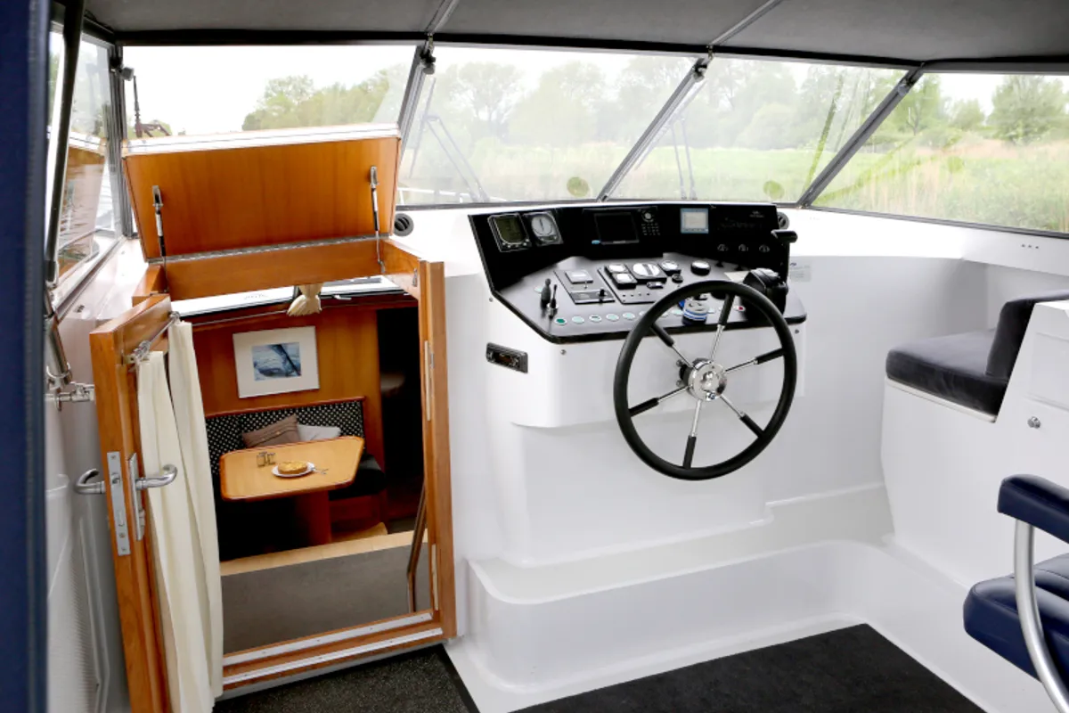 Cockpit of Royal, a Pacific Allure 155 motorboat at Heukelum, Netherlands